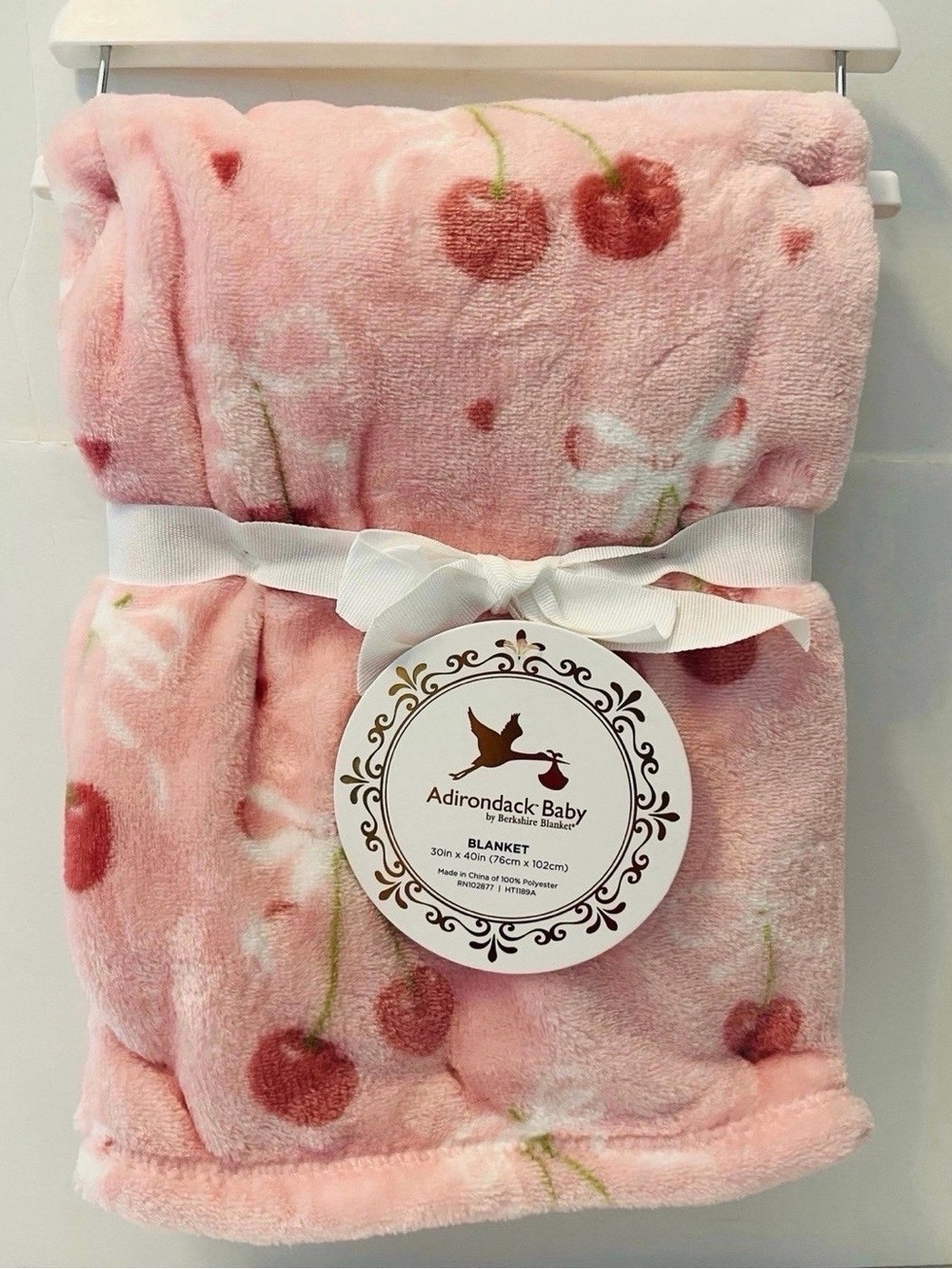 Adirondack Baby by Berkshire Pink Blanket with Red Cherries Hearts & White Bows